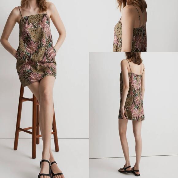 Madewell Goldie Mini Dress in 100% Linen Dark Coffee Tropical Print - Picture 3 of 11